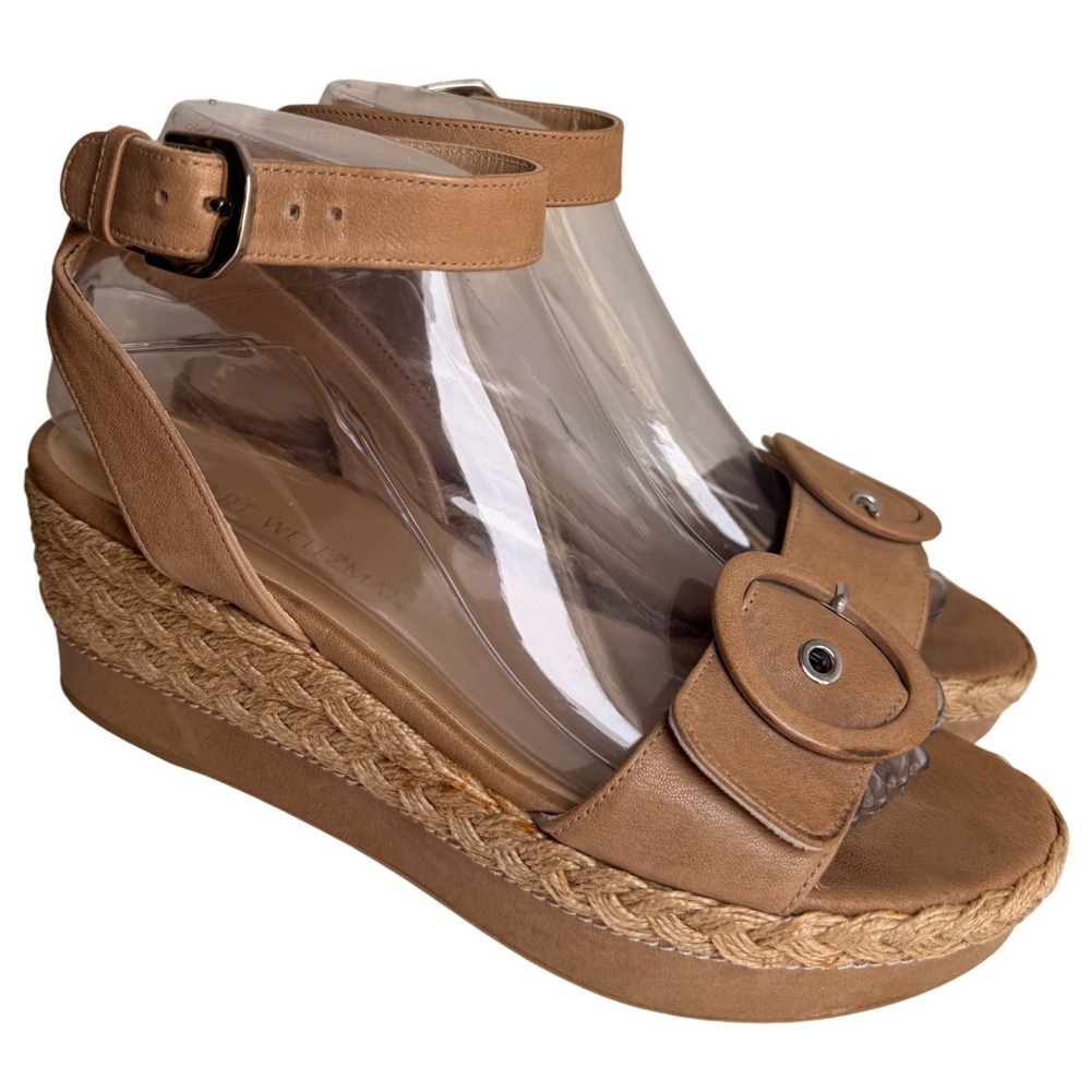Stuart Weitzman Leather Espadrille Wedge Sandals Tan Ankle Strap Spain 7.5 - Picture 13 of 14